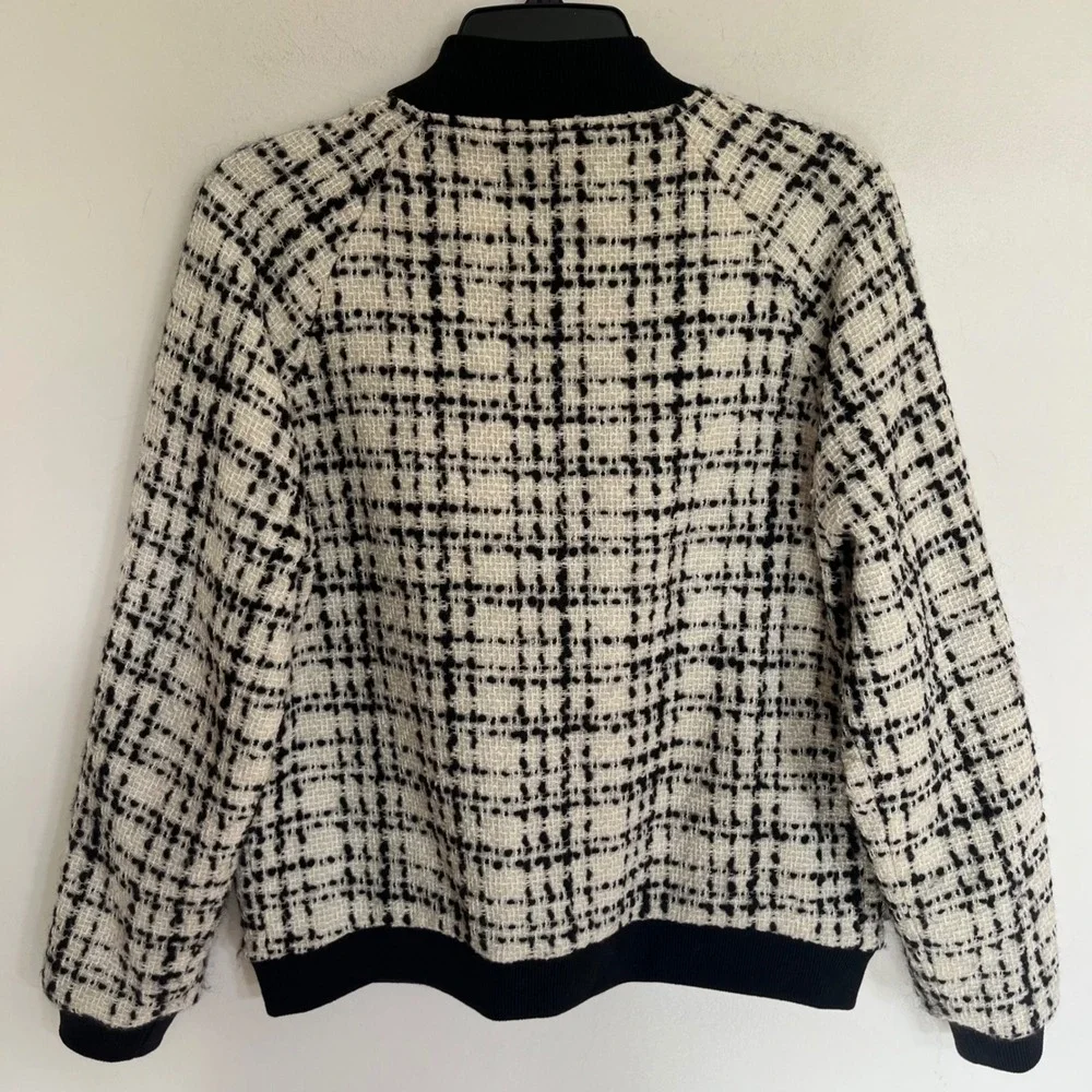 Abercrombie & Fitch Women Tweed Bomber Jacket Wool Blend Black Cream‎ Large L